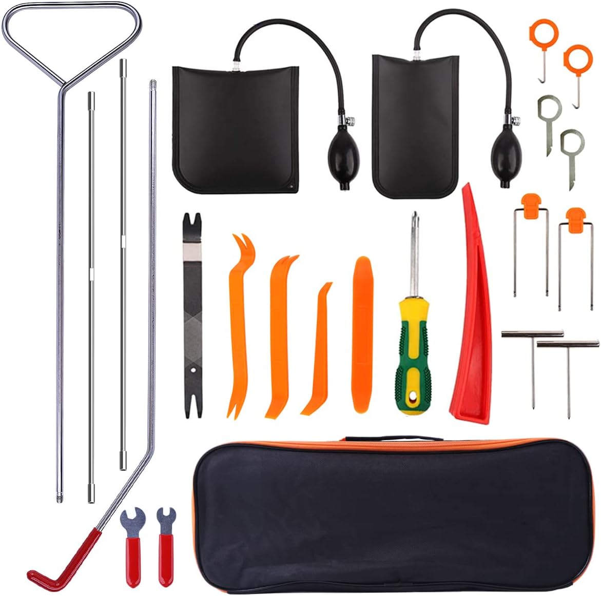 24 PC Car Tool Kit with Non Marring Wedge Air Pump Bag Stainless Steel Long Reach Tools I14939