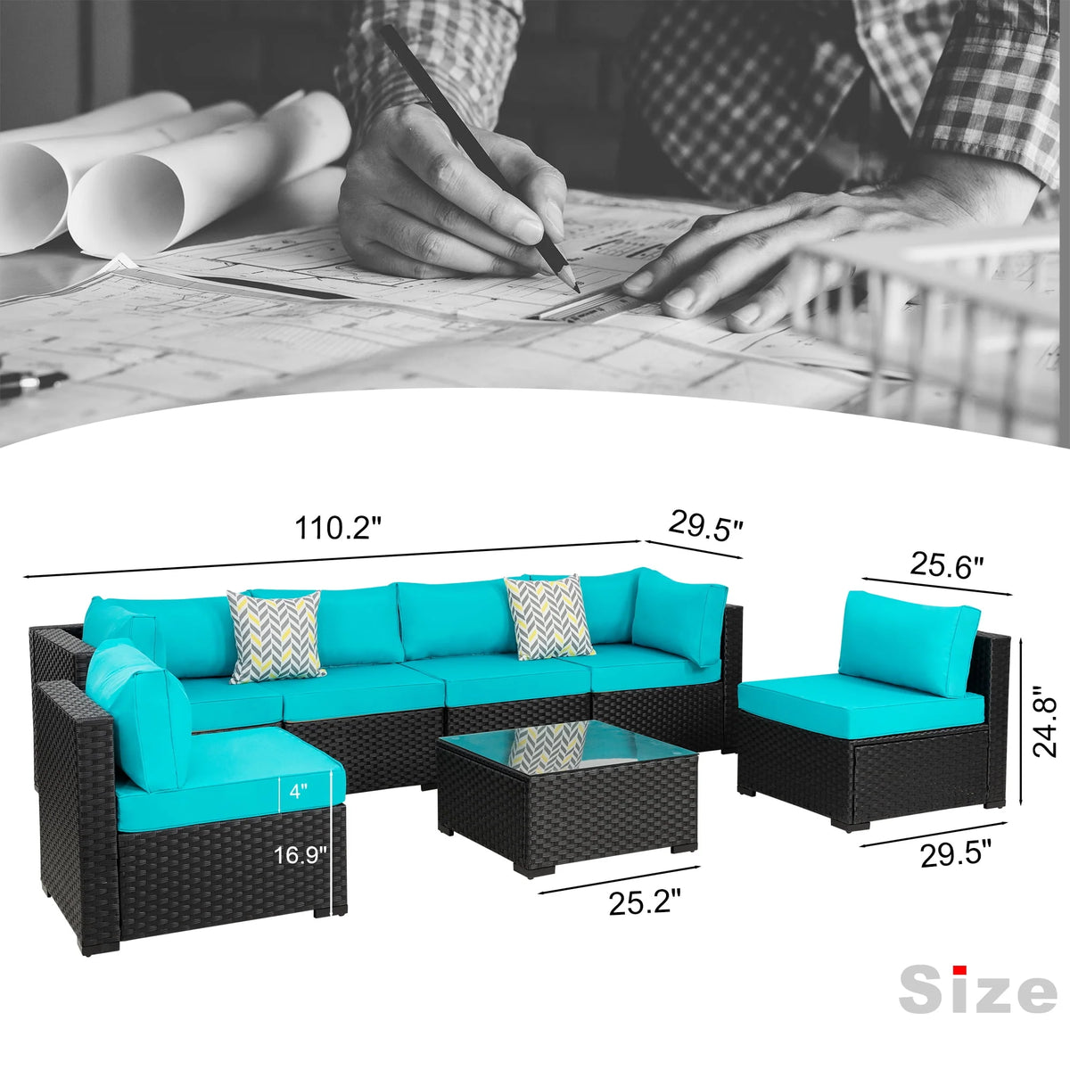7 Pieces Black Wicker Outdoor Sectional Sofa Set with Tea Table I645494
