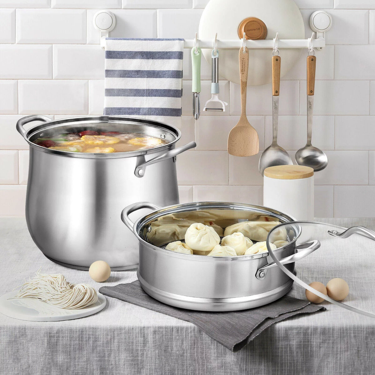2-Tier Stainless Steel Steamer Pot with Tempered Glass Lid E868