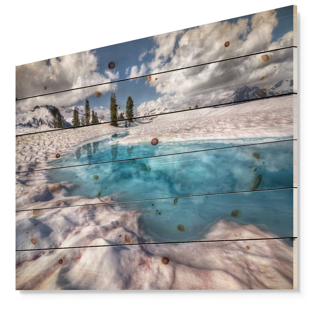 Blue Melt Lake in Fog Landscape Print on Natural Pine Wood 40 in. Wide x 30 in. High L6708