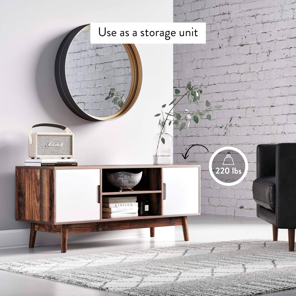 Brown Scandinavian TV Stand with White Cabinet Doors E59084