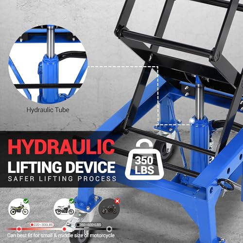 Hydraulic Motorcycle Lift Jack 350LBS, Foot Operated Scissor Lift Table, Heavy-Duty Steel Stand with Safety Lock & Wheels, 13.78-34.25" Height Adjustable, Oil Drain Hole R4220