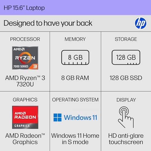15.6 inch Laptop, HD Touchscreen Display, AMD Ryzen 3 7320U, 8 GB RAM, 256 GB SSD, AMD Radeon Graphics, Windows 11 Home, Natural Silver A359763