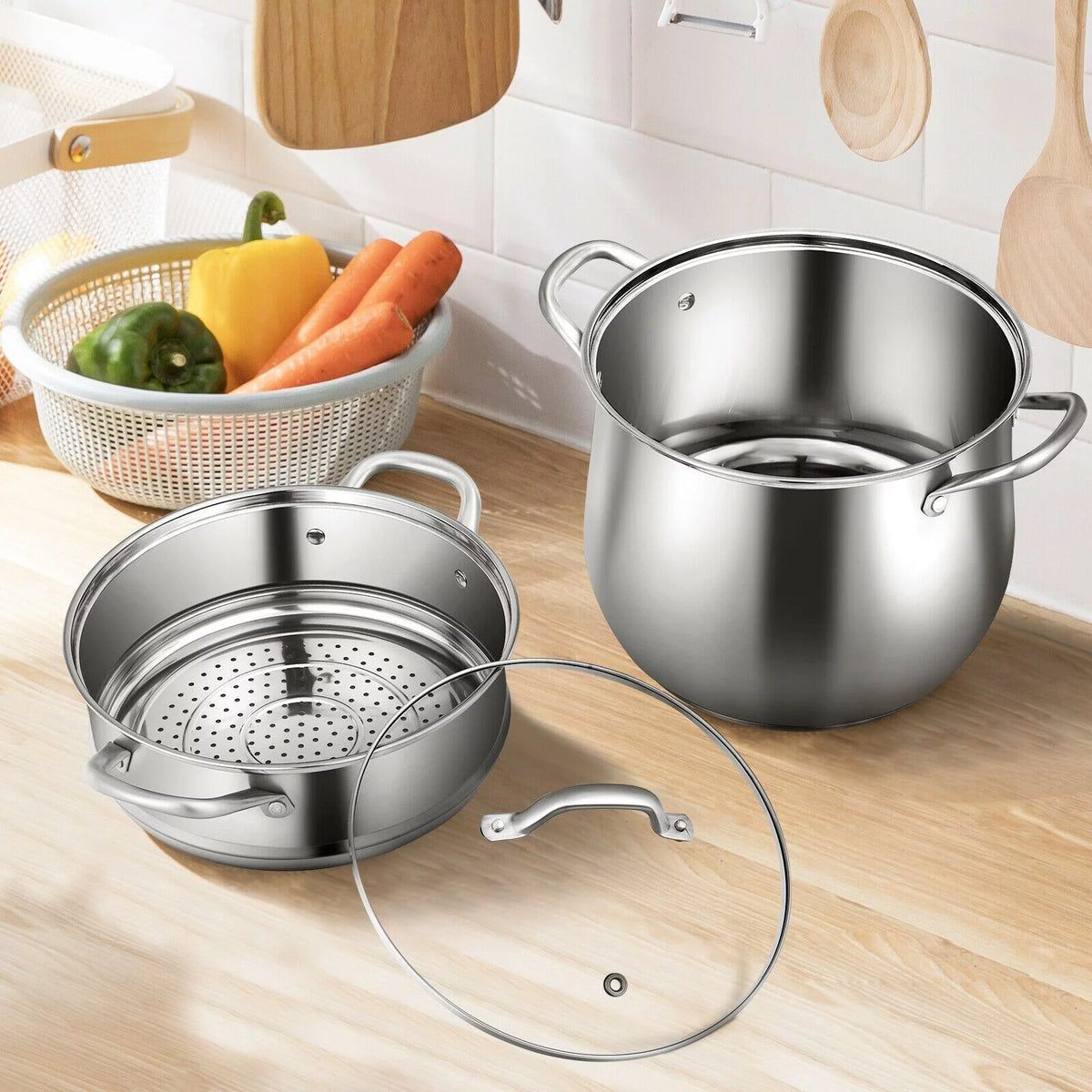 2-Tier Stainless Steel Steamer Pot with Tempered Glass Lid E868