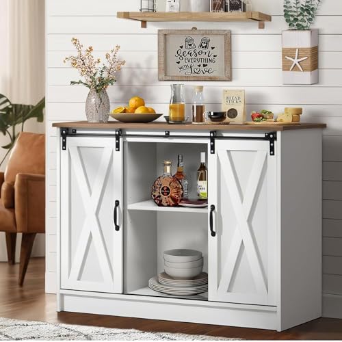Coffee Bar Cabinet with Sliding Barn Doors, 42” Sideboard Buffet Cabinet with Storage, Espresso G745