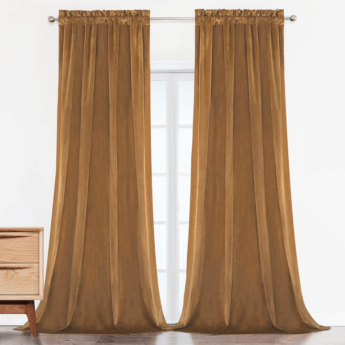 Camel Velvet Room Darkening Curtains, 2 Panels P122