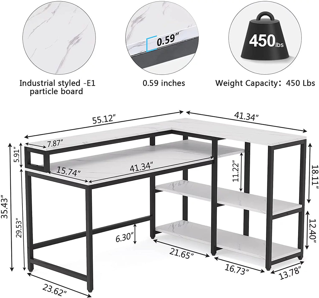 Reversible L Shaped Desk with Hutch and Open Shelves D53683