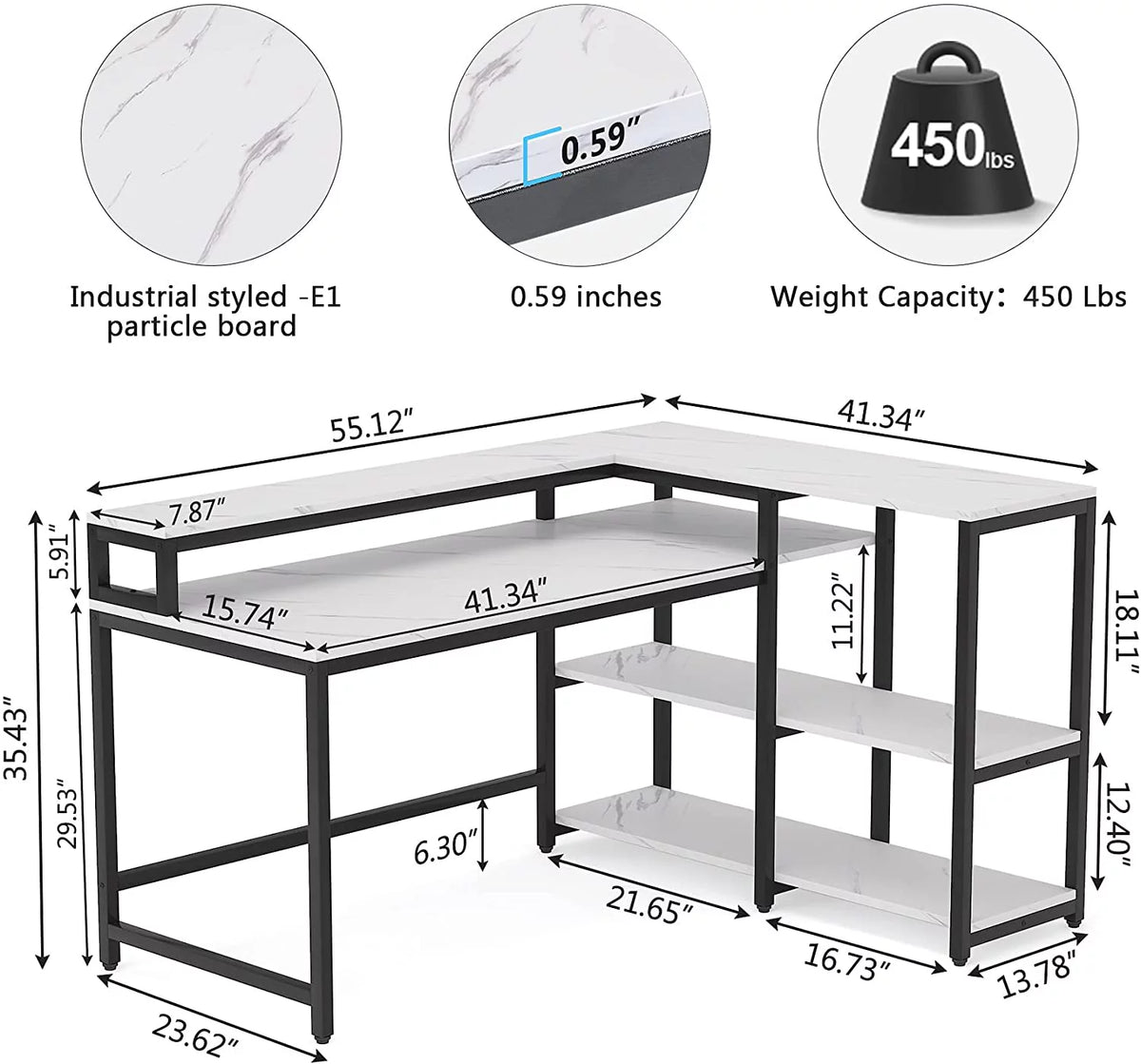 Reversible L Shaped Desk with Hutch and Open Shelves D53683