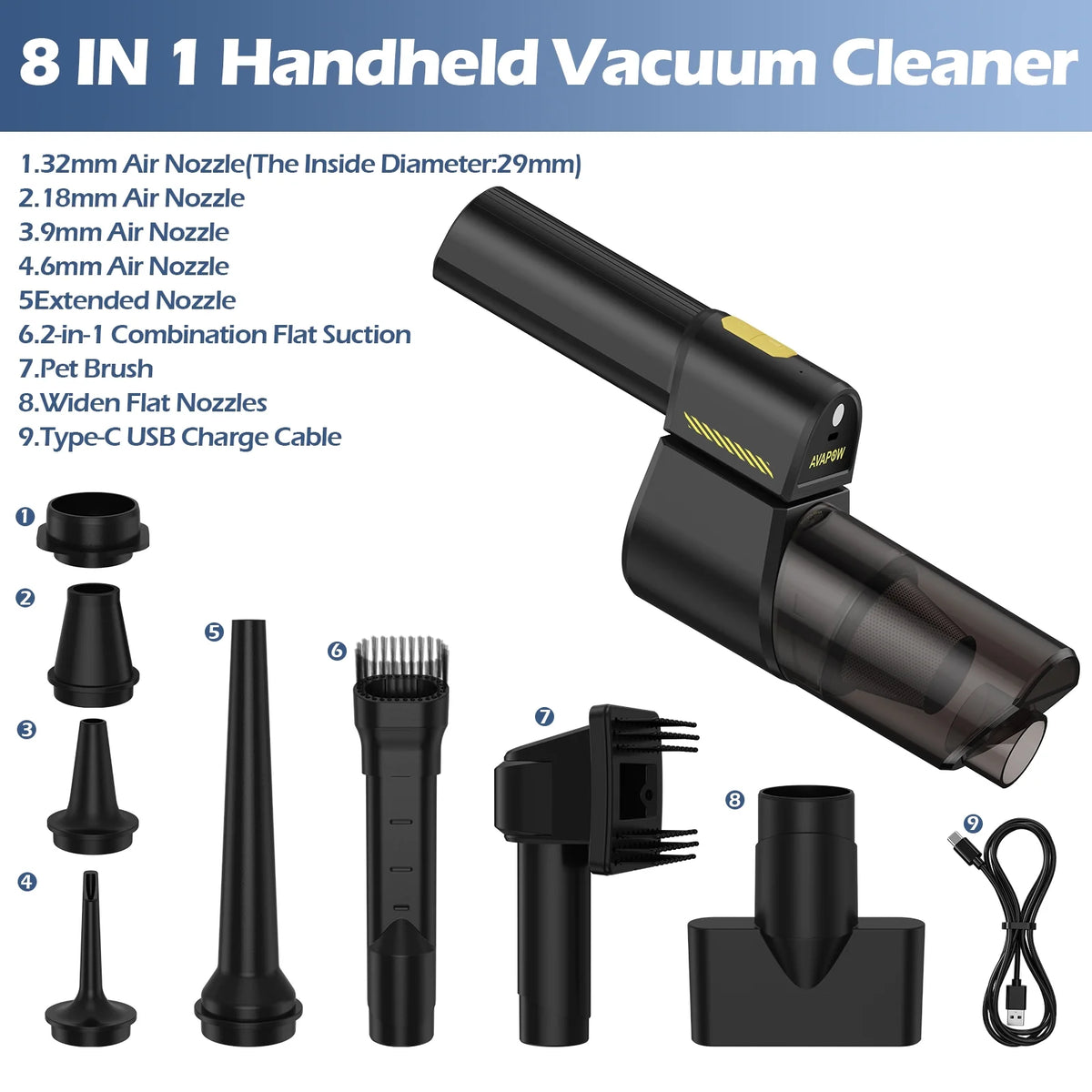 8 in 1 Cordless Car Vacuum 18000 PA Portable Hand Vacuum with 8 Nozzles N2148
