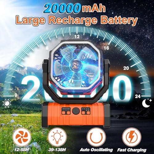 20000mAh Rechargeable Portable Camping Fan with LED Lantern Orange A26832