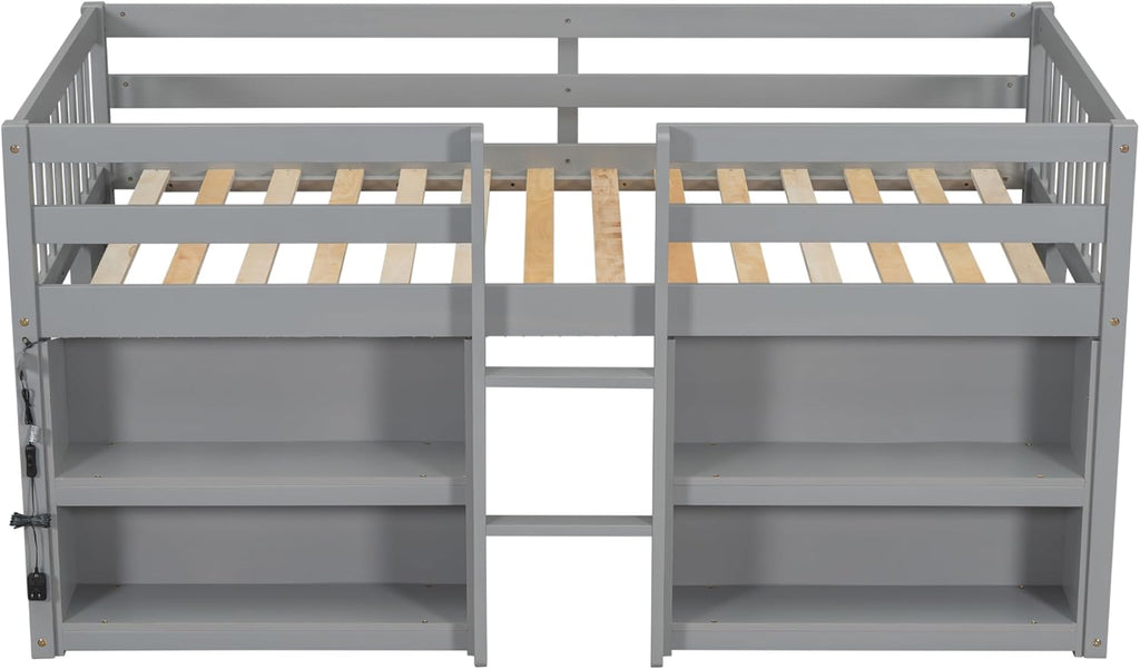 Grey LED Twin Low Loft Bed with Storage Shelves W1838