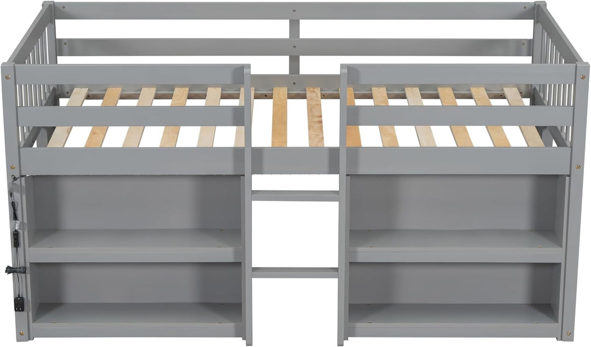 Grey LED Twin Low Loft Bed with Storage Shelves W1838