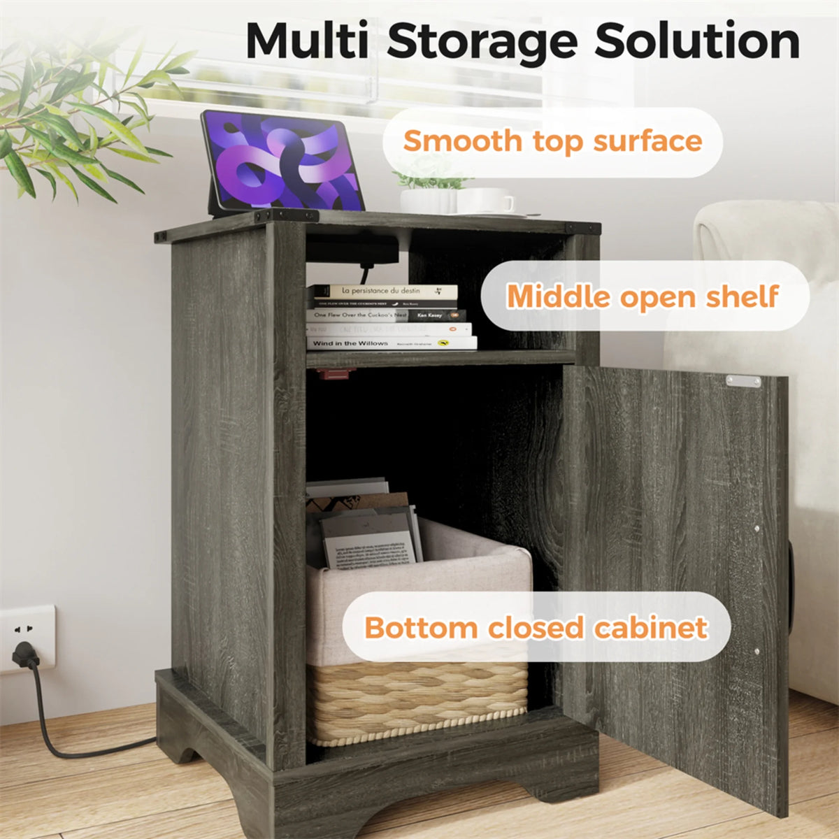 Rustic Wood Nightstand with Charging Station A5145