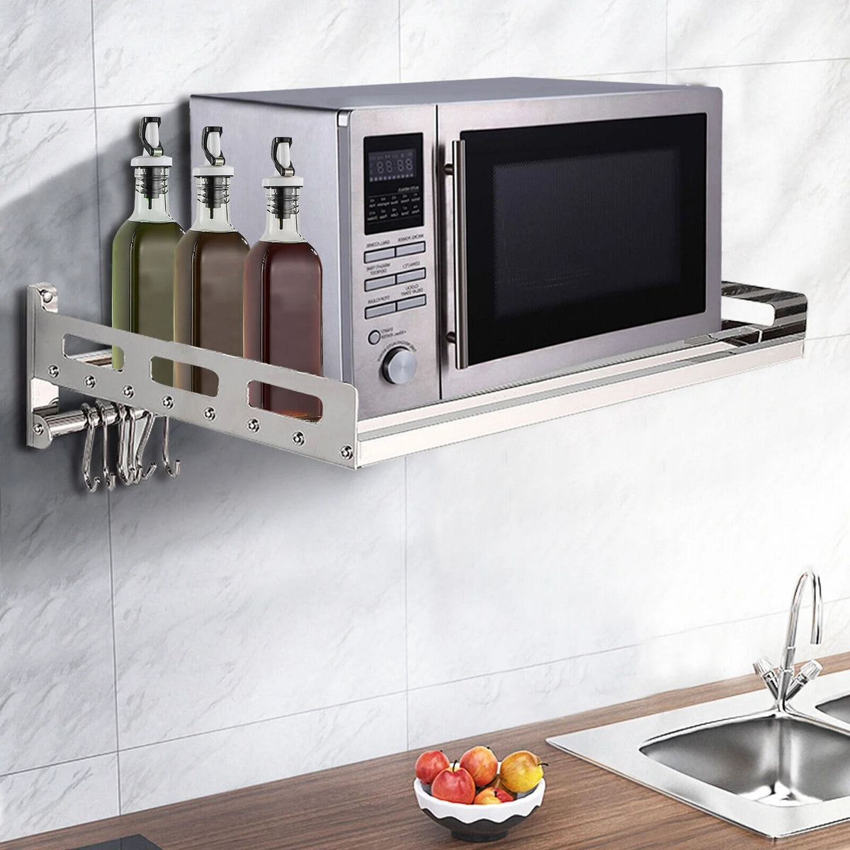 Wall Mount Microwave Oven Shelf Storage Bracket with 12 Hook Stainless D192135