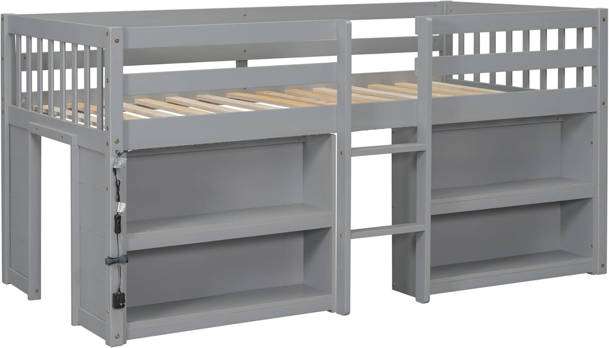 Grey LED Twin Low Loft Bed with Storage Shelves W1838