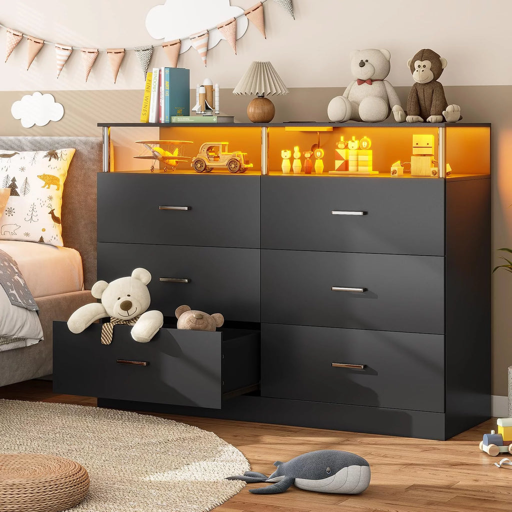Black 6 Drawer Dresser with Charging Station F3287