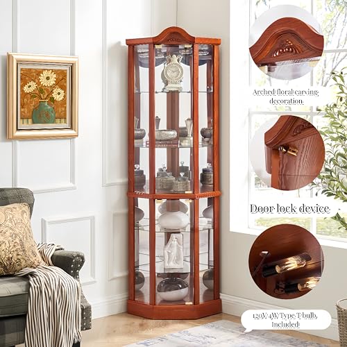 Oak Lighted Wooden Corner Display Curio Cabinet with Tempered Glass Doors C42961