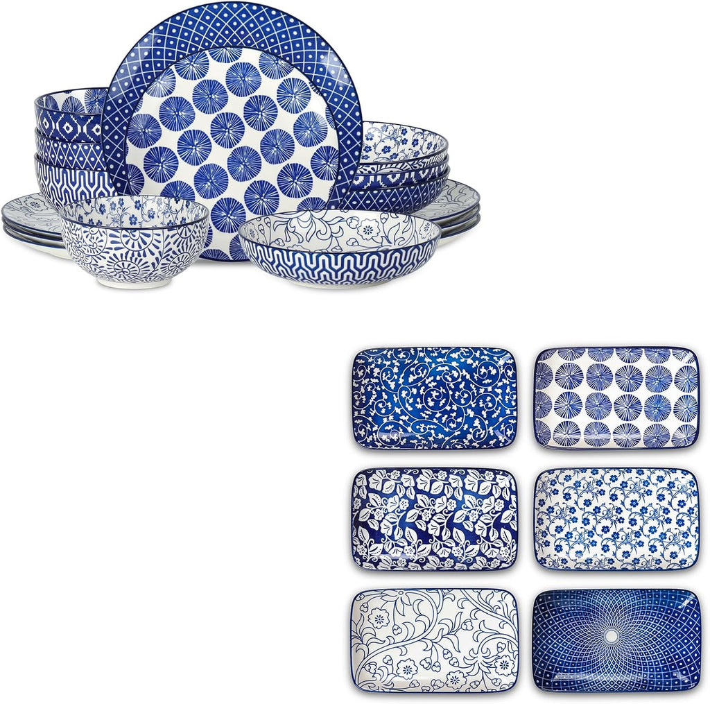 16 Pieces Ceramic Dinnerware Set with 8 Inch Rectangular Salad Plates, Blue H64513