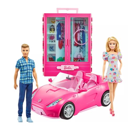 Barbie and Ken Doll with Wardrobe and Pink Two-Seater Convertible Car K92336