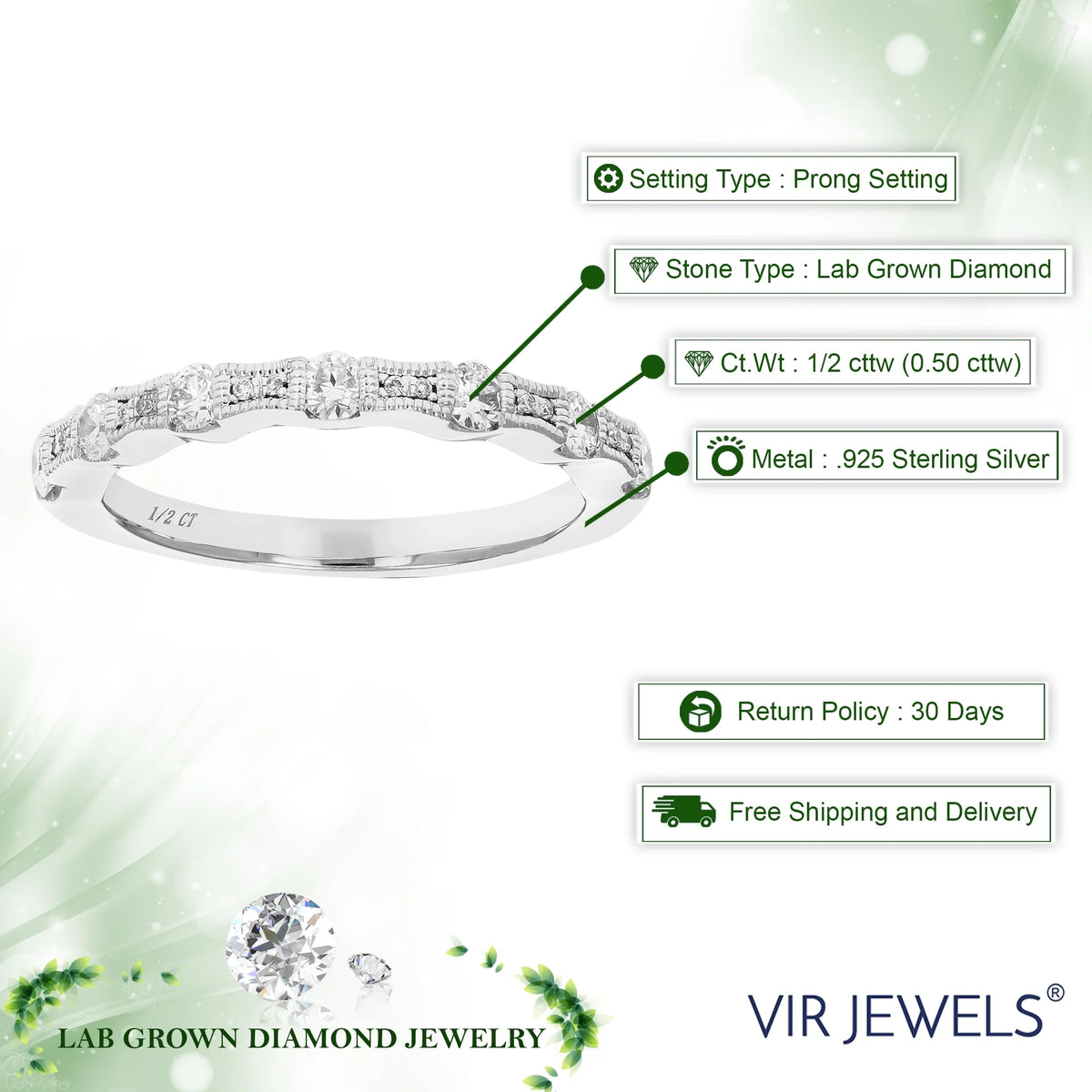 1/2 CTTW Lab Grown Diamond Wedding Band .925 Sterling Silver Prong Size 7 L7344