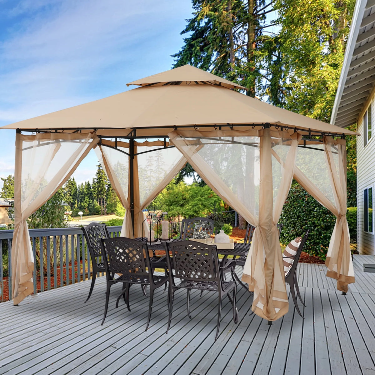 11'x11' Khaki Patio Gazebo with Mosquito Netting V658842