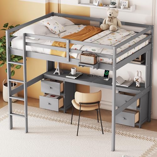 Gray Full Size Wooden Loft Bed with Desk and Storage, 4 Drawers & 4 Shelves A9884