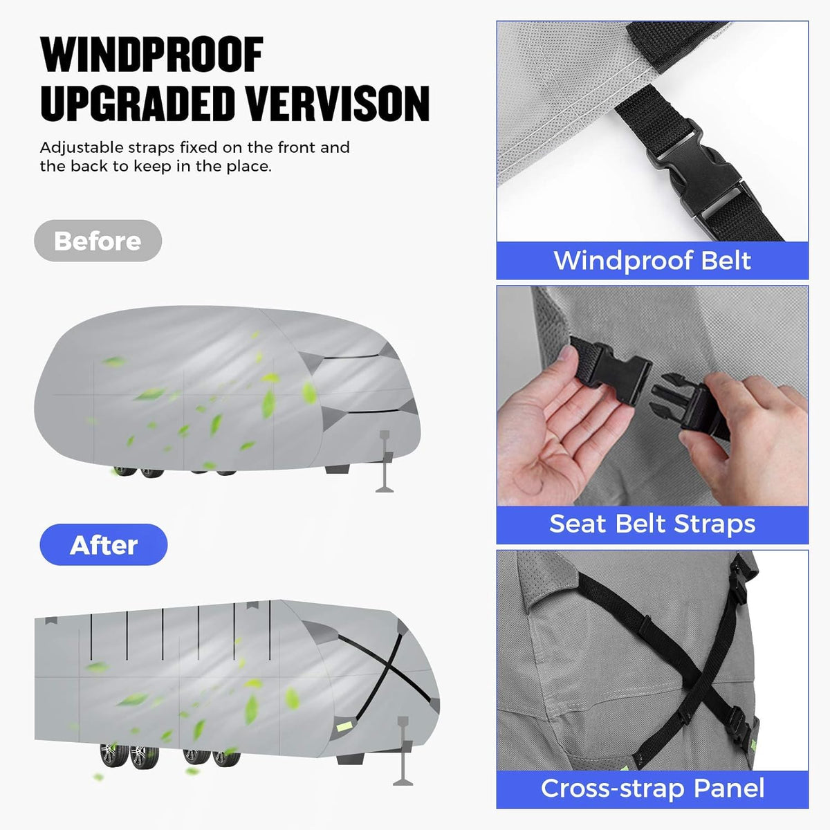 Gray Windproof Travel Trailer RV Snow Cover with Jack Cover & Patch Kit E176