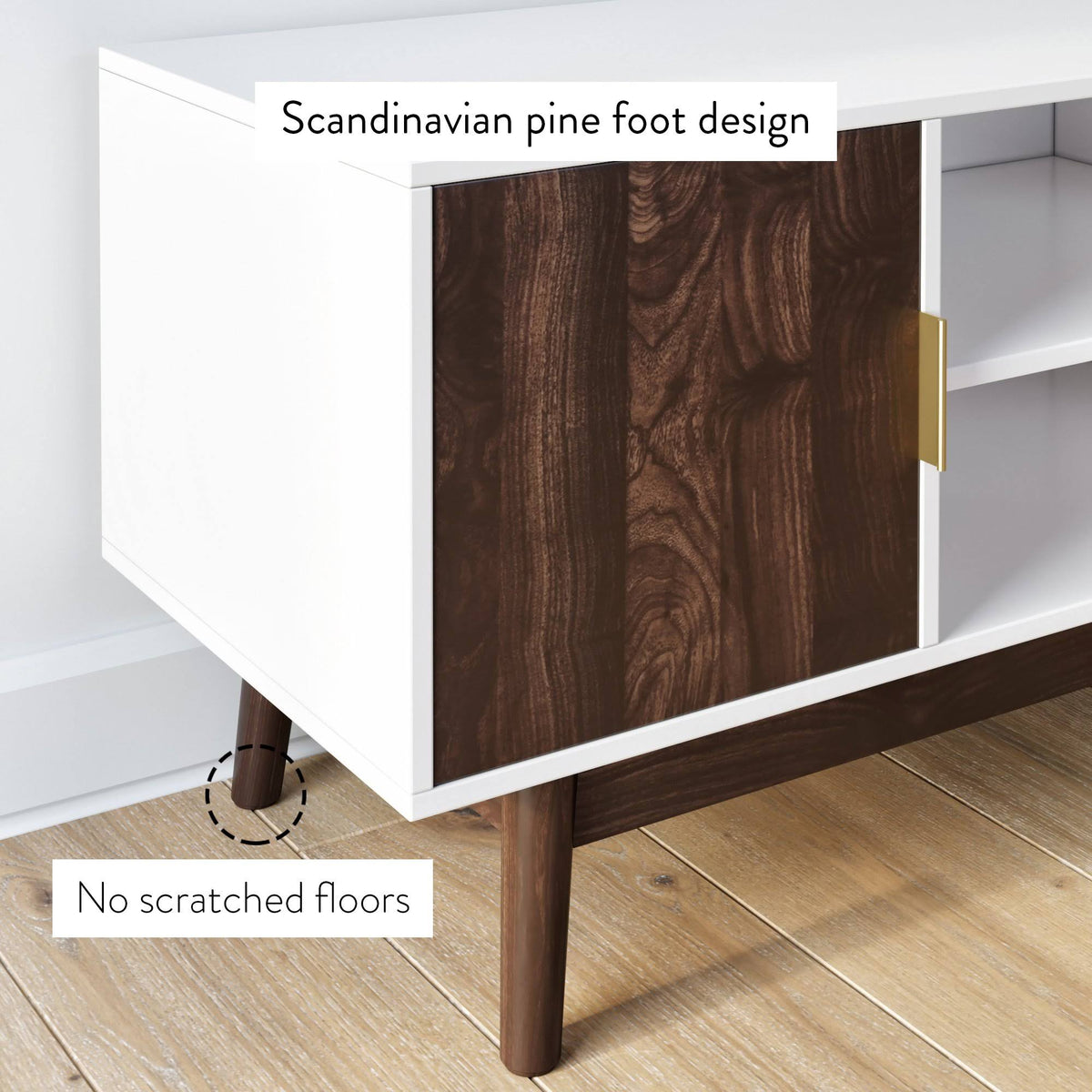Brown Scandinavian TV Stand with White Cabinet Doors E59084