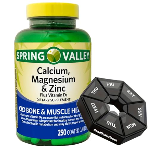Calcium, Magnesium & Zinc Plus Vitamin D3 Coated Caplets, 250 Count + Weekly Pillbox B4358