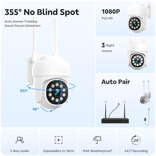 16CH 4K Wireless Security Camera System with 8 White PTZ Cameras S45406