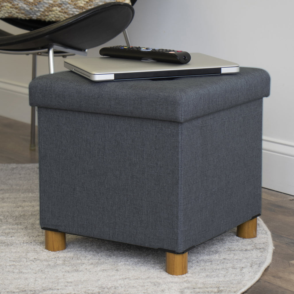 Dark Grey Collapsible Cube Storage Ottoman Foot Stool with Tray V445
