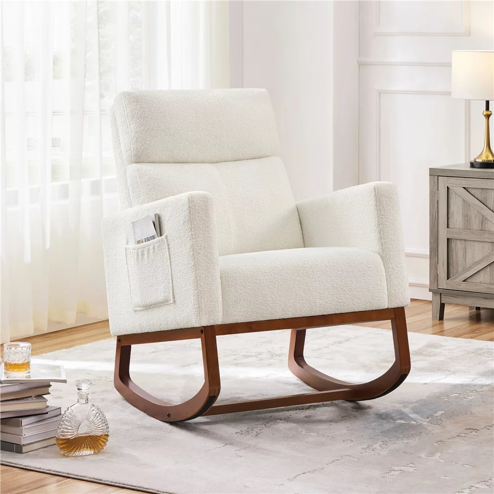 Ivory Boucle Upholstered Rocking Chair with Rubberwood Legs Q318
