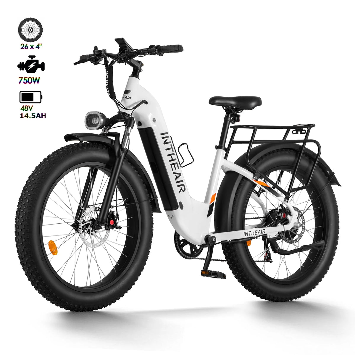 Electric Bike 26 x 4.0 Fat Tire Step-Thru 750W Motor 48V 14.5A Battery 7 Speed White F730865