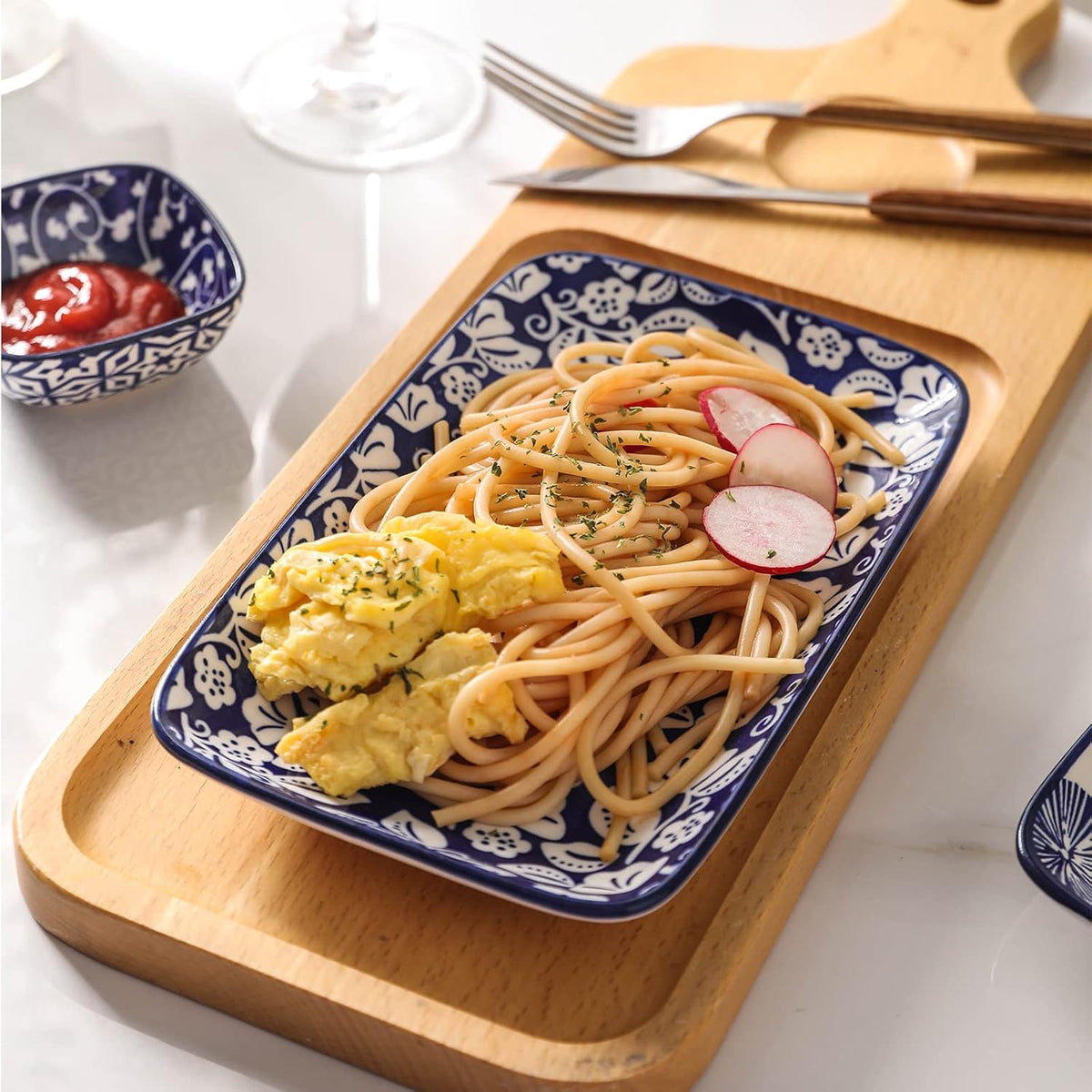 16 Pieces Ceramic Dinnerware Set with 8 Inch Rectangular Salad Plates, Blue H64513