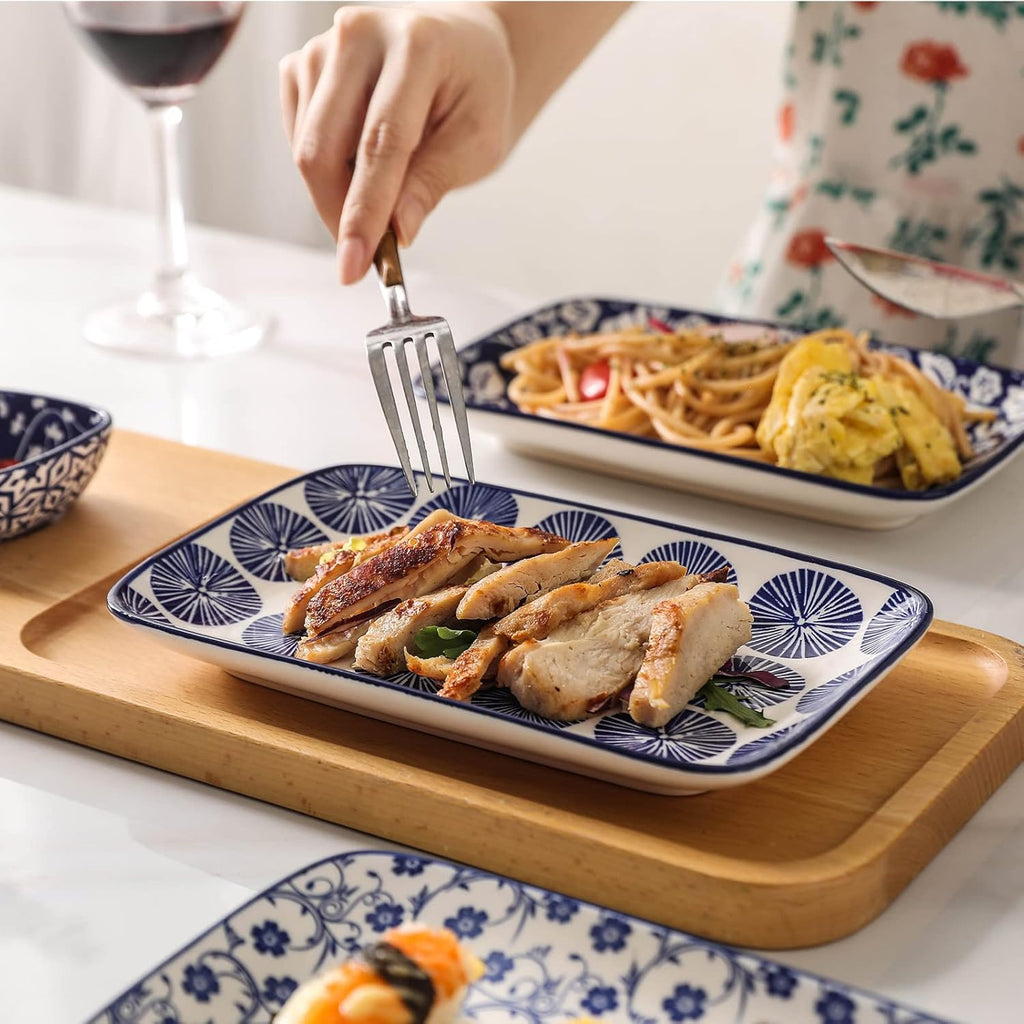 16 Pieces Ceramic Dinnerware Set with 8 Inch Rectangular Salad Plates, Blue H64513
