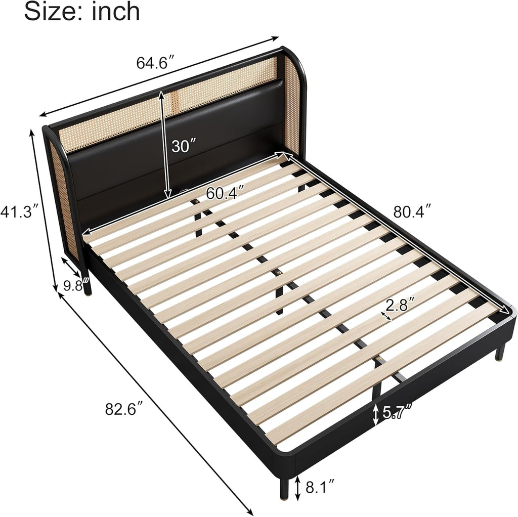Queen Size Rattan Platform Bed with Wingback Headboard K451
