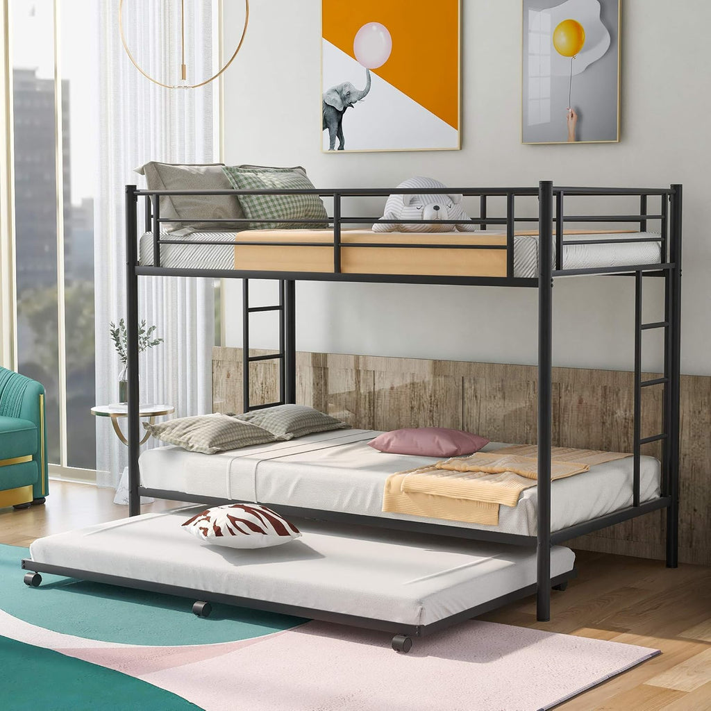 Twin Over Twin Metal Bunk Bed with Trundle and 2 Ladders A772