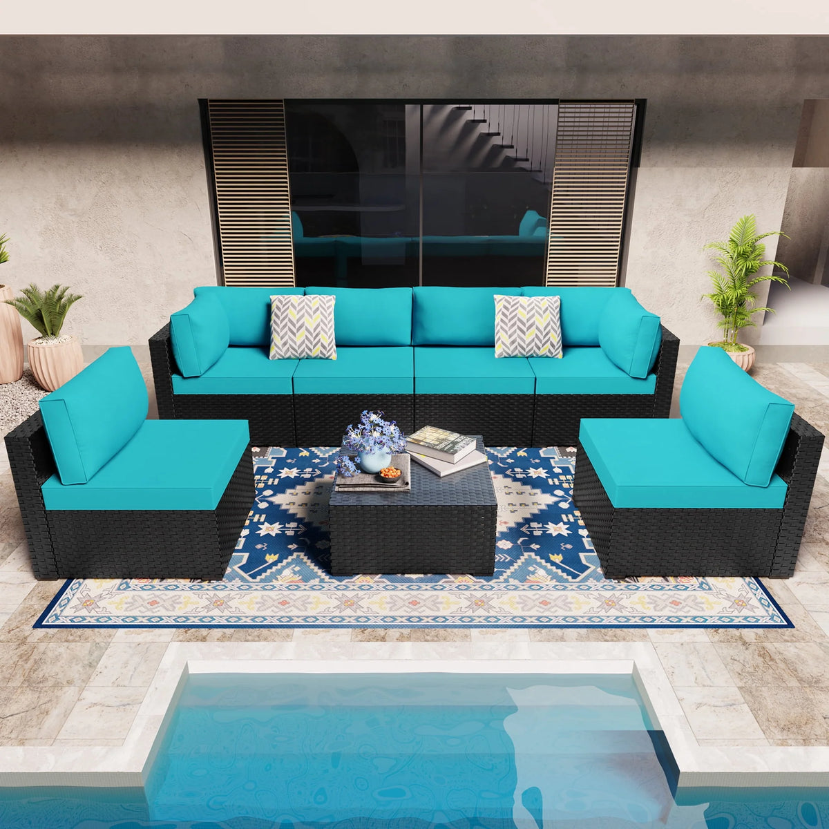 7 Pieces Black Wicker Outdoor Sectional Sofa Set with Tea Table I645494