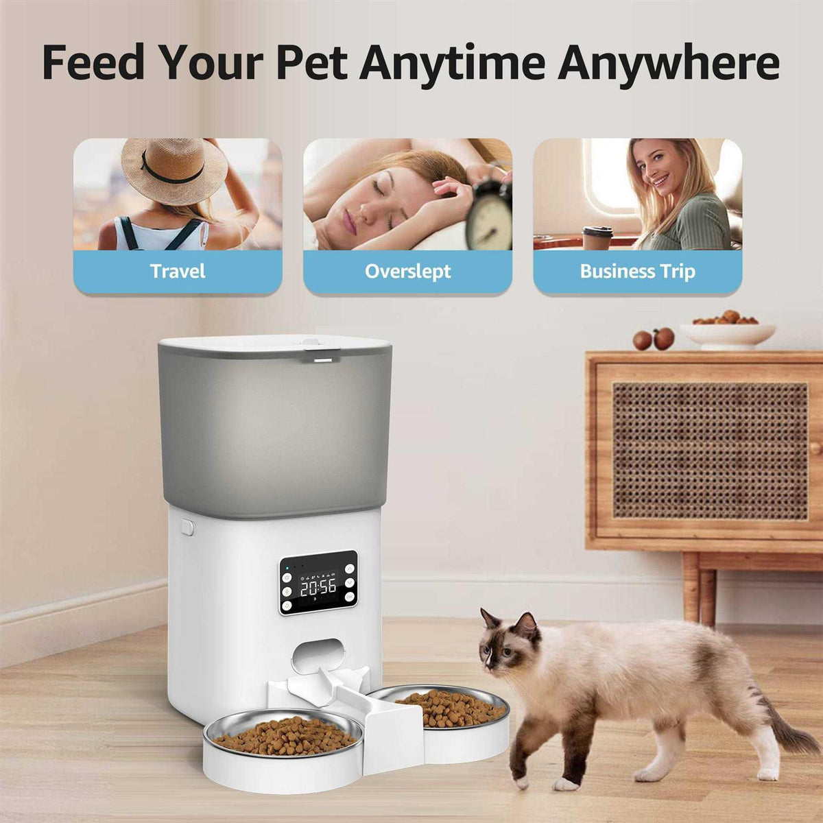 Automatic Food Dispenser with Stainless Bowls Cat & Dog Feeder Y297265
