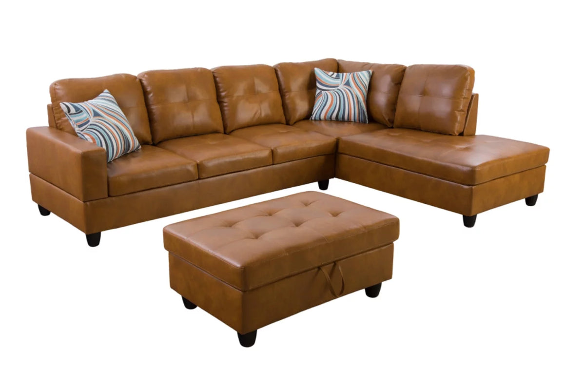 Ginger Leather Sectional Sofa Set with Storage Ottoman E214299
