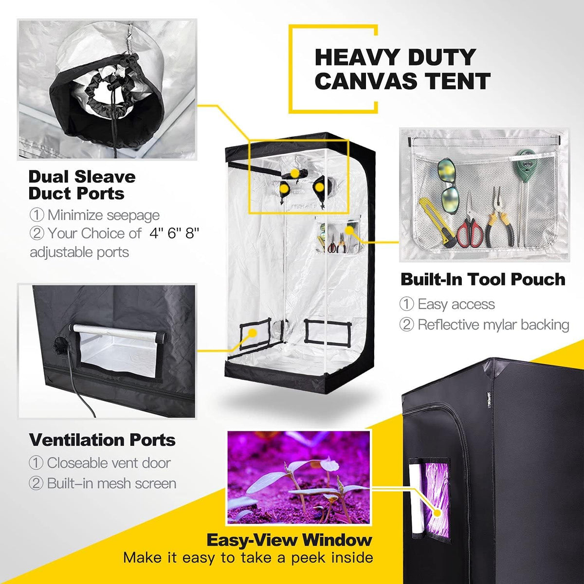 32" x 32" x 63" Grow Tent with Floor Tray, Black Pack of 2 N280