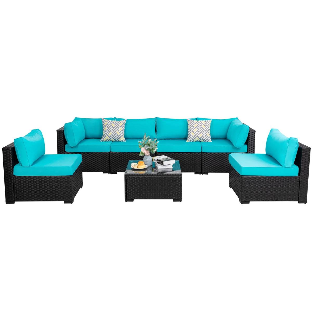 7 Pieces Black Wicker Outdoor Sectional Sofa Set with Tea Table I645494