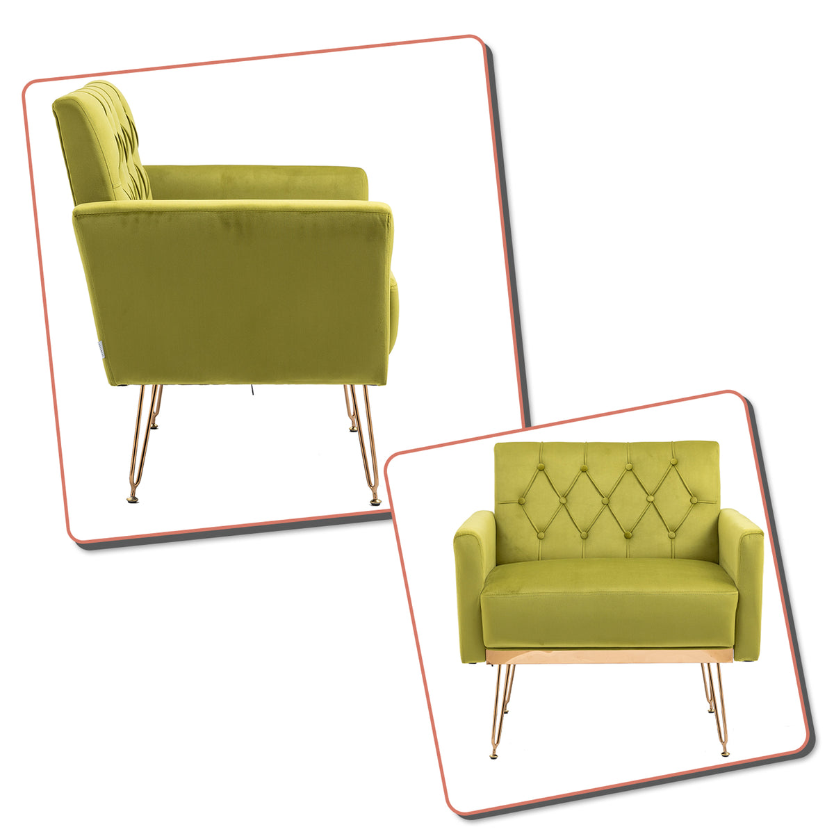 Olive Green Velvet Upholstered Accent Chair with Button Tufted Design and Metal Legs W8988
