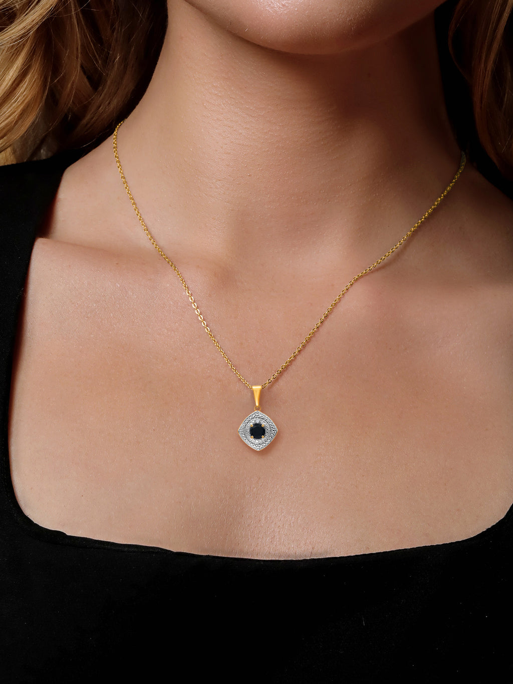 0.48 Ct Black Onyx White Diamond 18K Yellow Gold Plated Silver Pendant with Chain U859