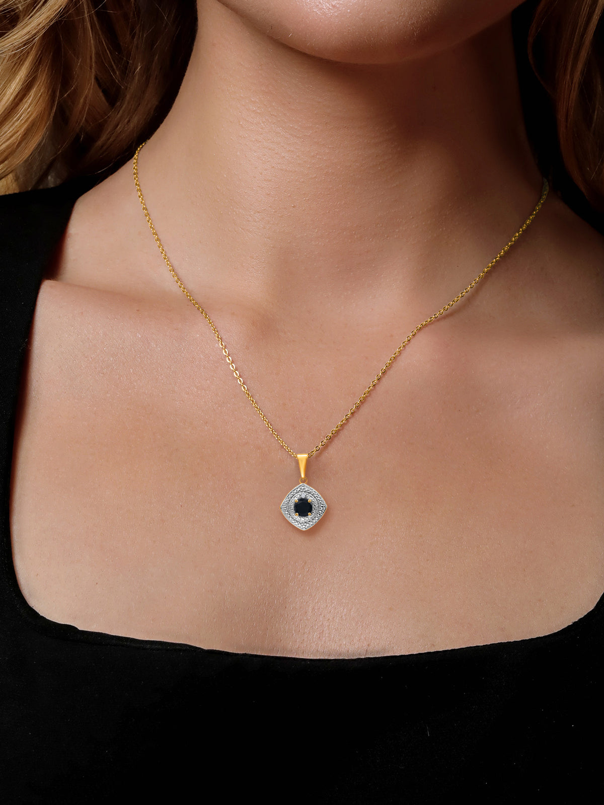 0.48 Ct Black Onyx White Diamond 18K Yellow Gold Plated Silver Pendant with Chain U859