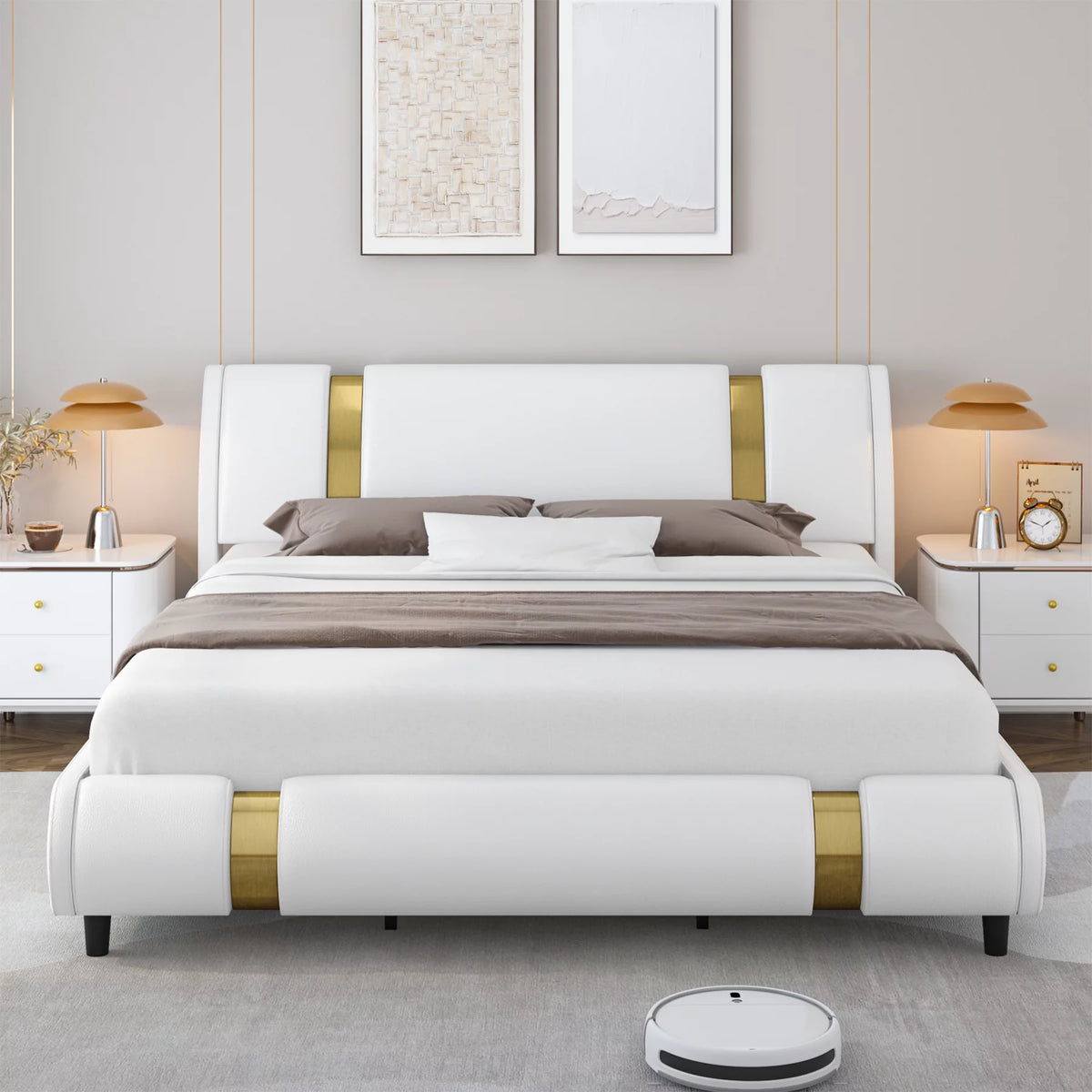 Full Size Leather Upholstered Platform Bed Frame with White Headboard F848