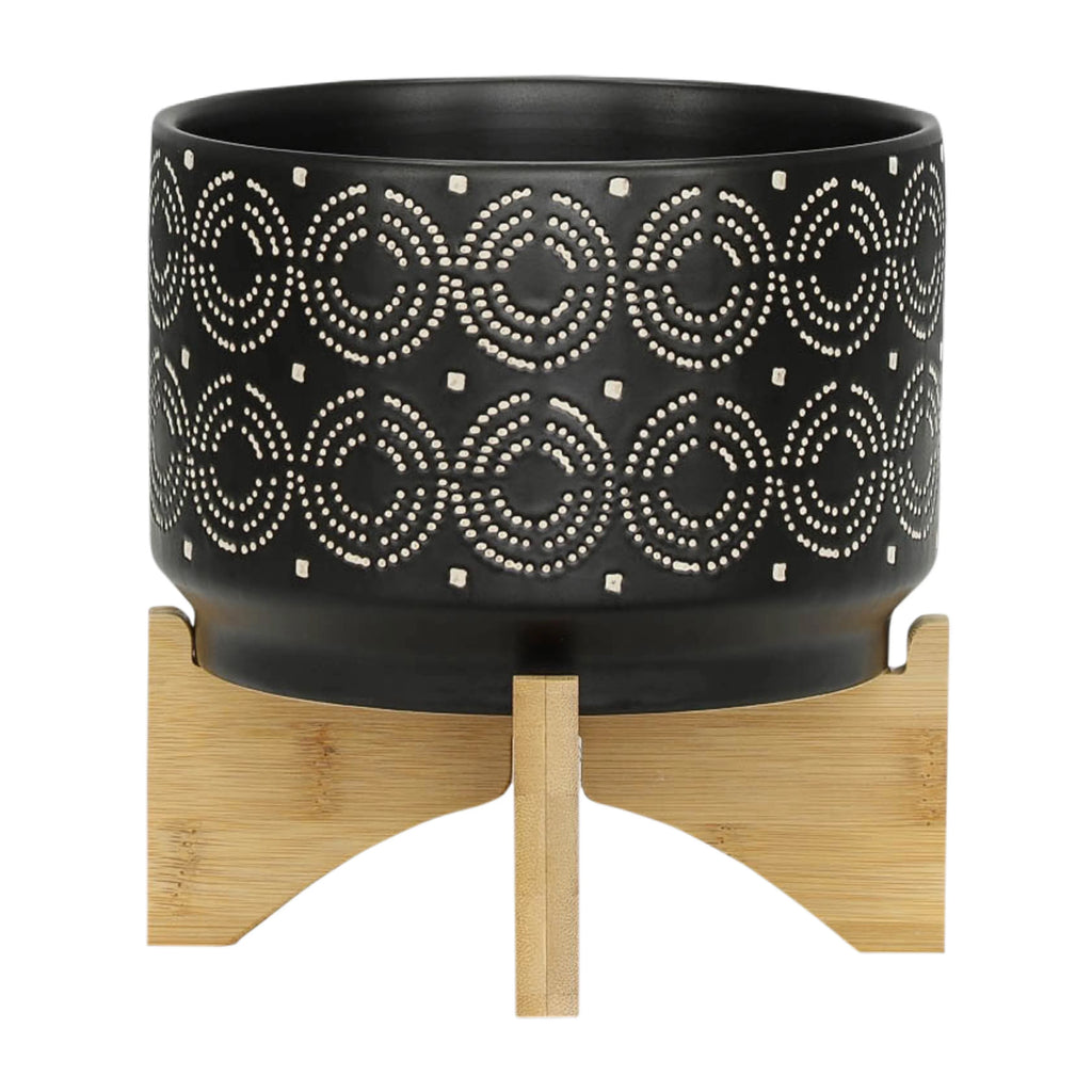 Black Round Ceramic Swirl Planter On Stand E9436