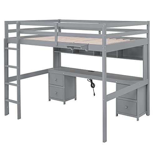 Gray Full Size Wooden Loft Bed with Desk and Storage, 4 Drawers & 4 Shelves A9884