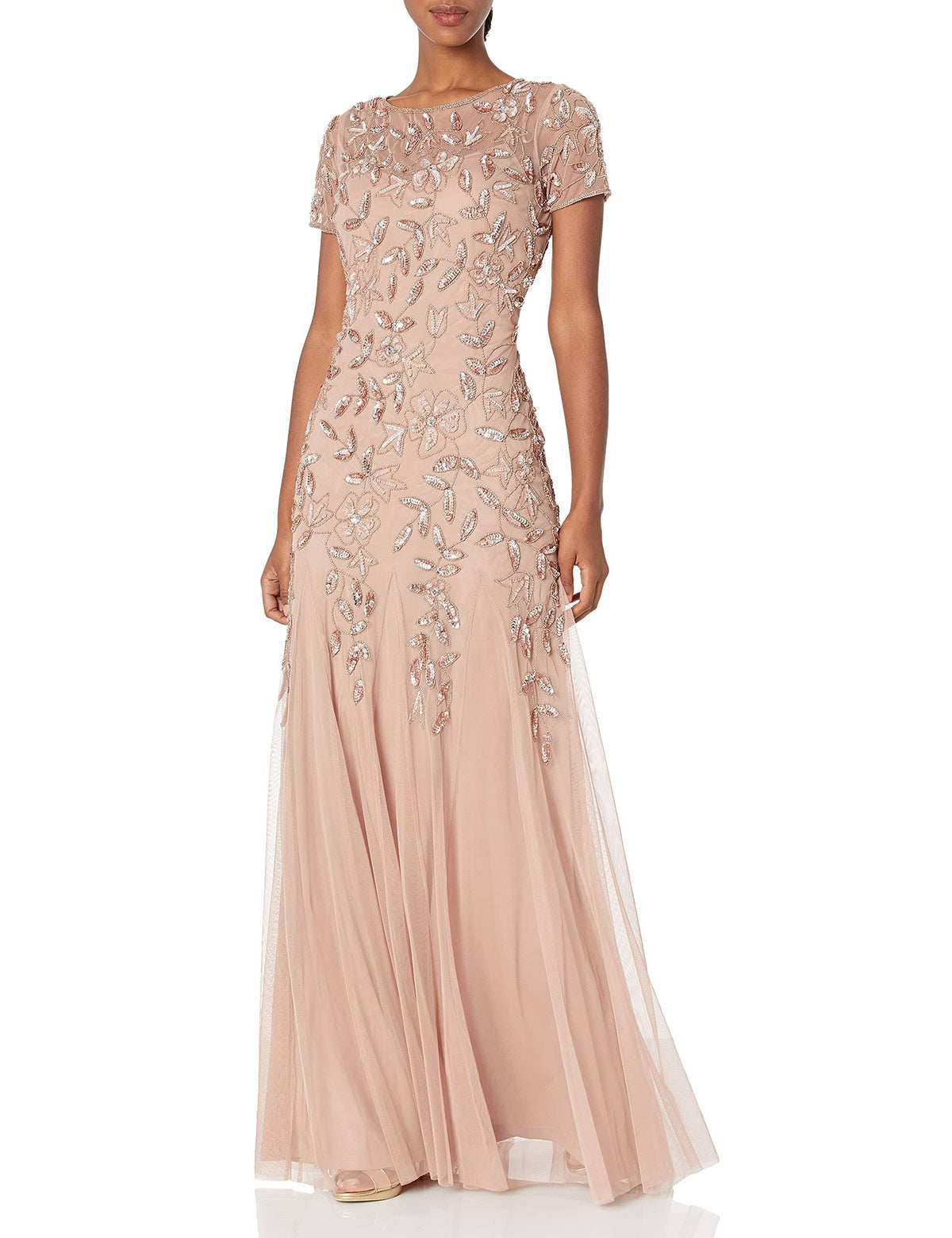 Floral-Beaded Gown - Rose Gold X3826