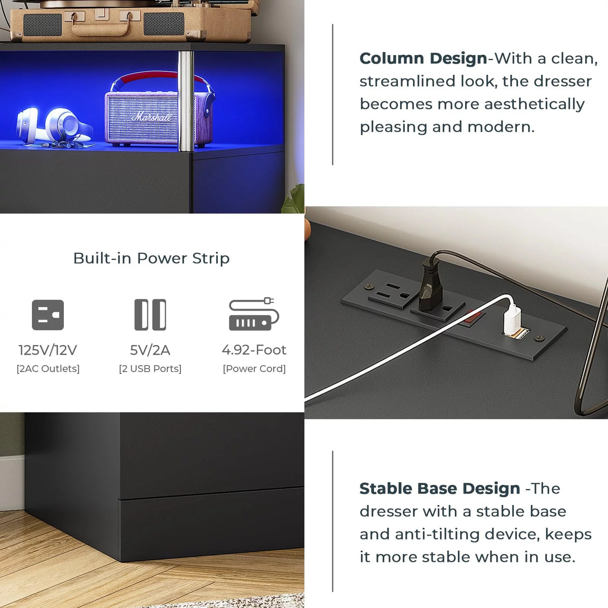 Black 6 Drawer Dresser with Charging Station F3287
